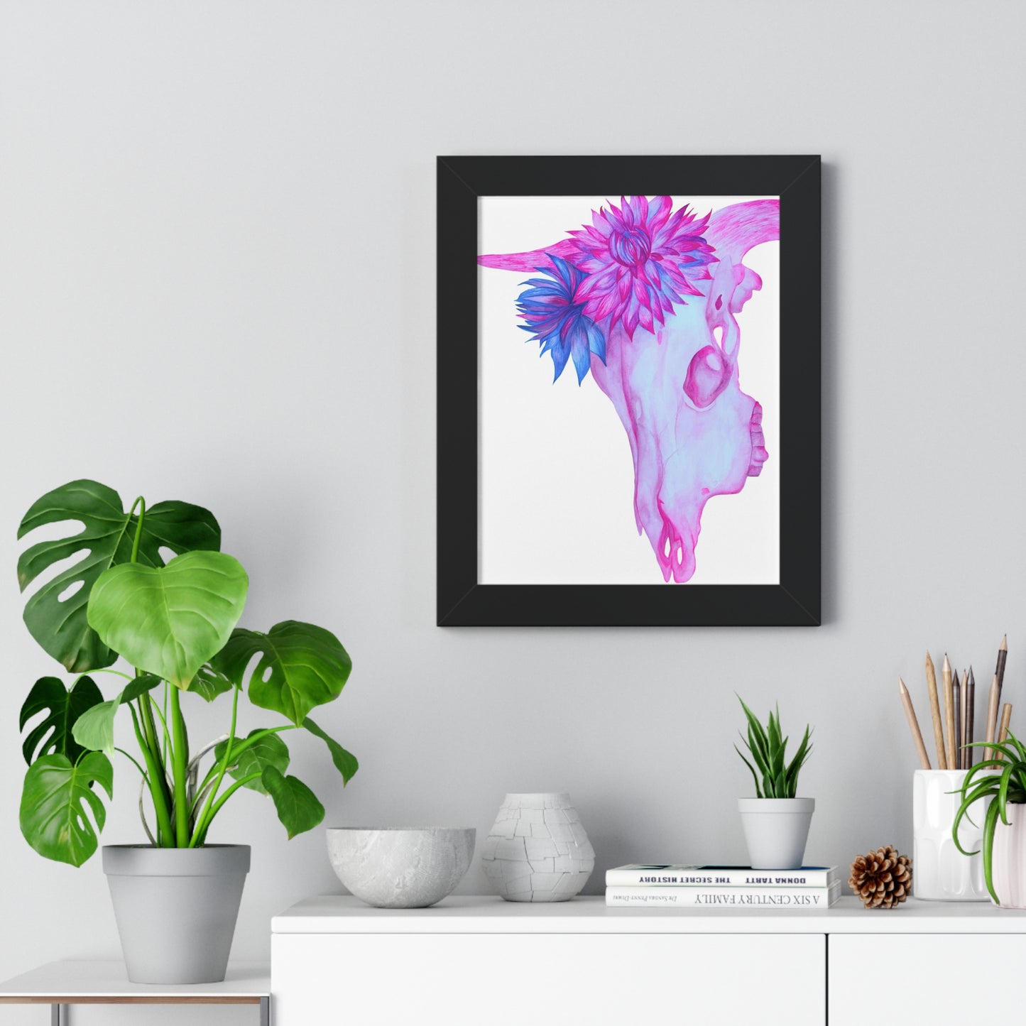 Floral Skull Framed Print  — Pink & Turquoise Cow Skull Wall Art
