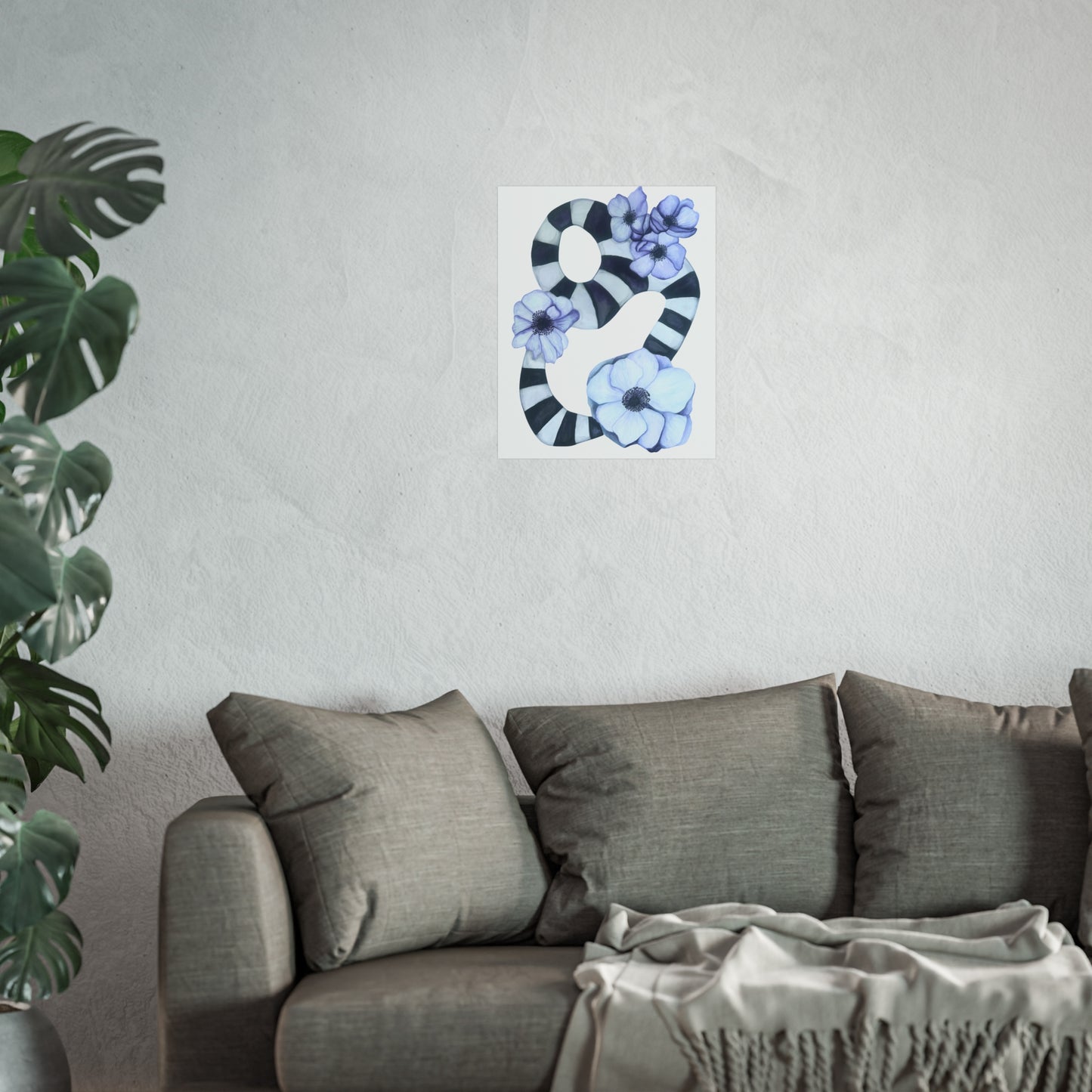 Giclée Art Print — Striped Abstract with Anemones (Botanical Wall Art)