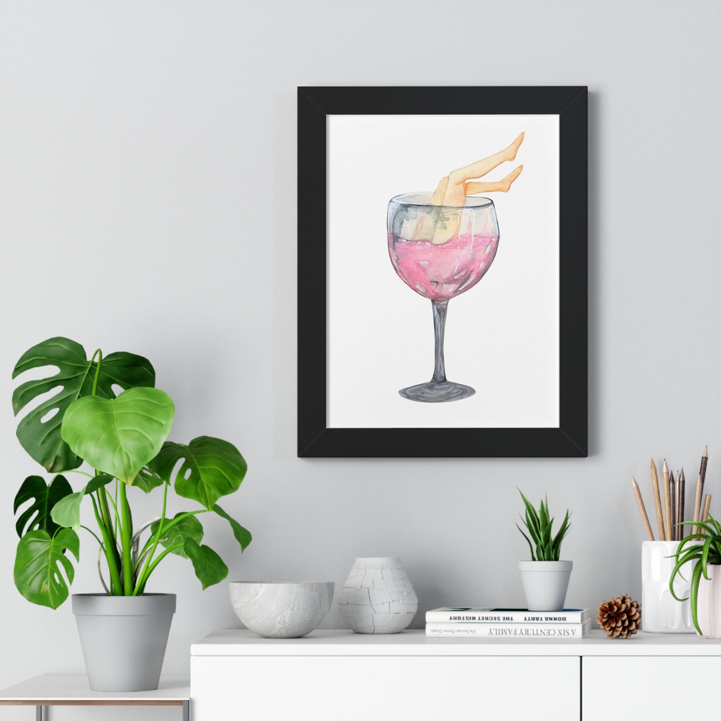 Wine Glass Art Print — Watercolor Cocktail with Legs Framed Print