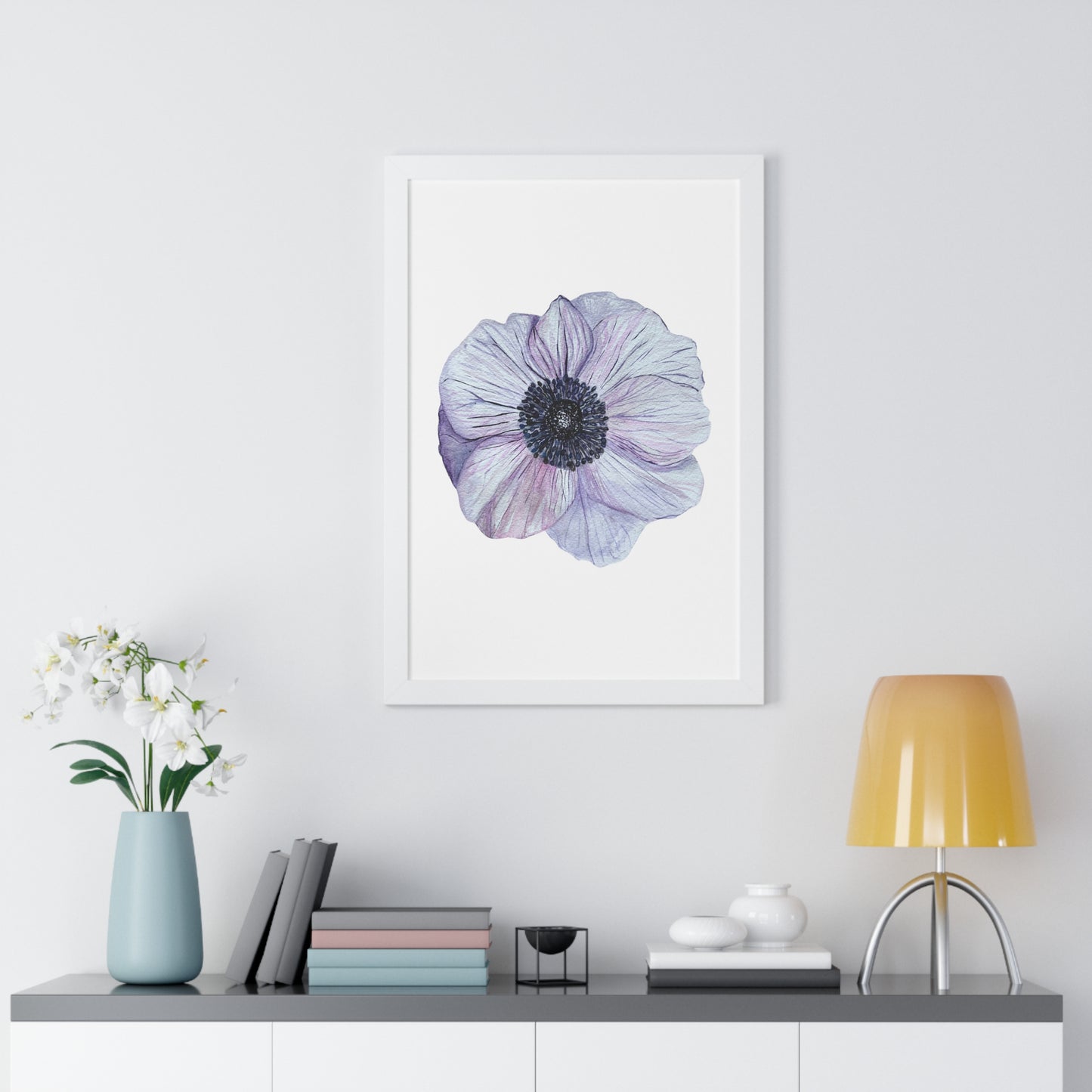 Framed Floral  Print — White Lavender Anemone Wall Art