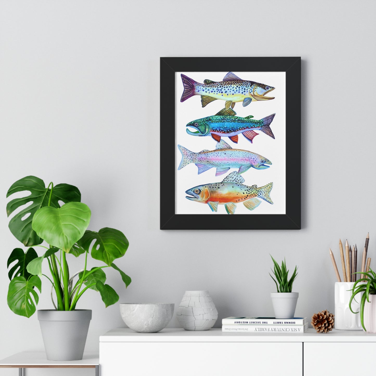 Colorful Trout Fish Watercolor Print Framed
