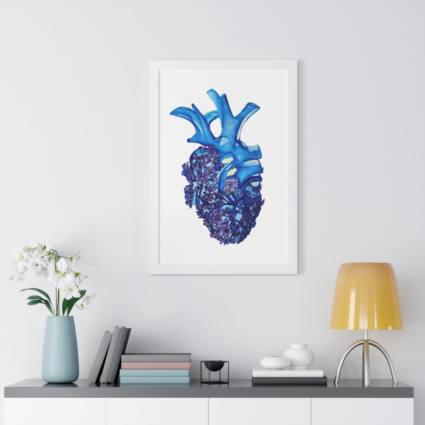 Blue Floral Bluebonnet Anatomical Heart Framed — Botanical Heart Art Print "Deep in The Heart"