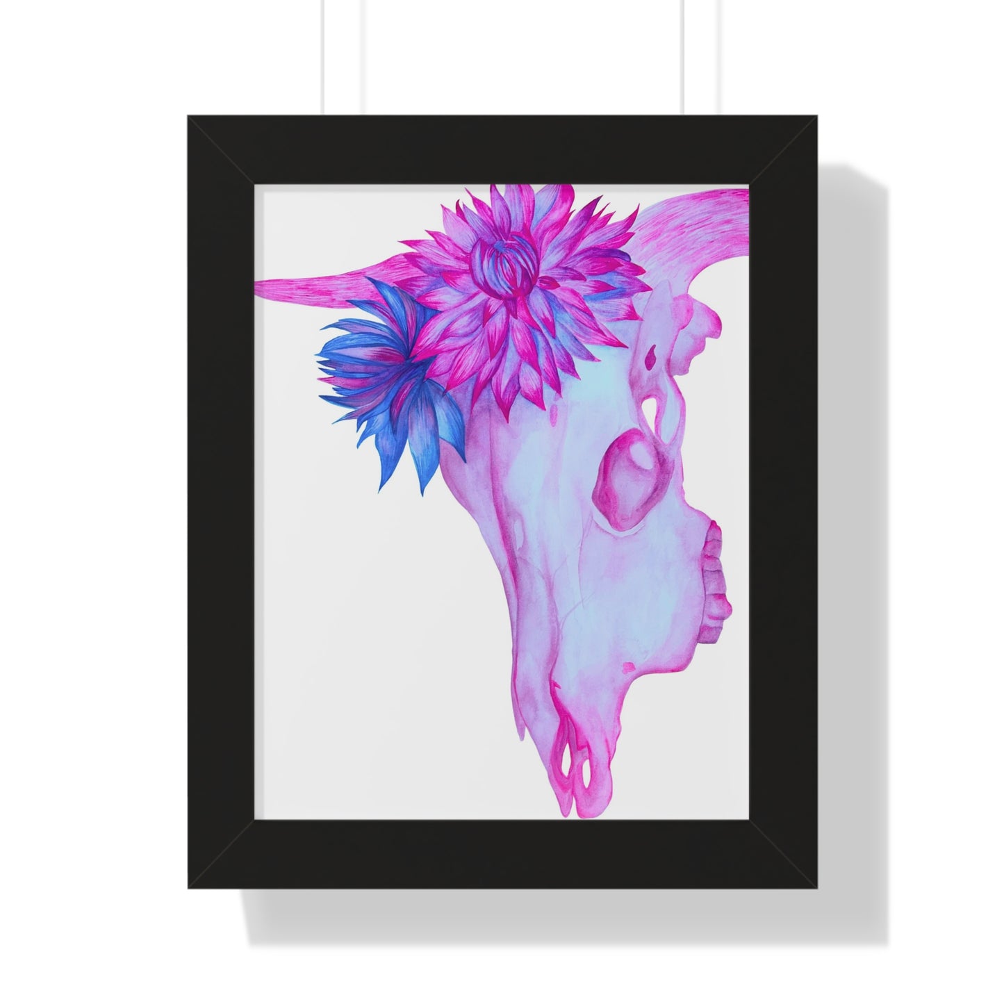 Floral Skull Framed Print  — Pink & Turquoise Cow Skull Wall Art