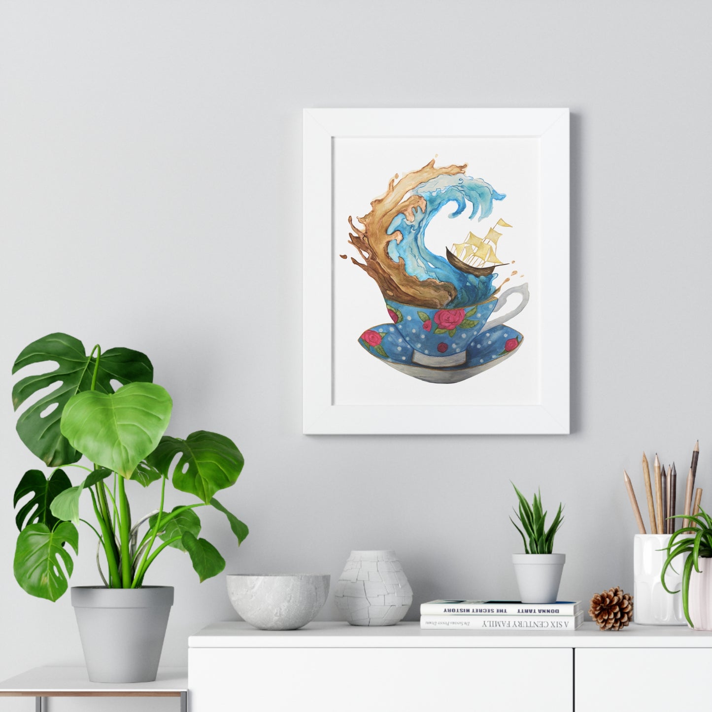 Whimsical Teacup Wave Framed Art Print, Swiftie Sailboat Tea Art Print A Storm Inside A Teacup