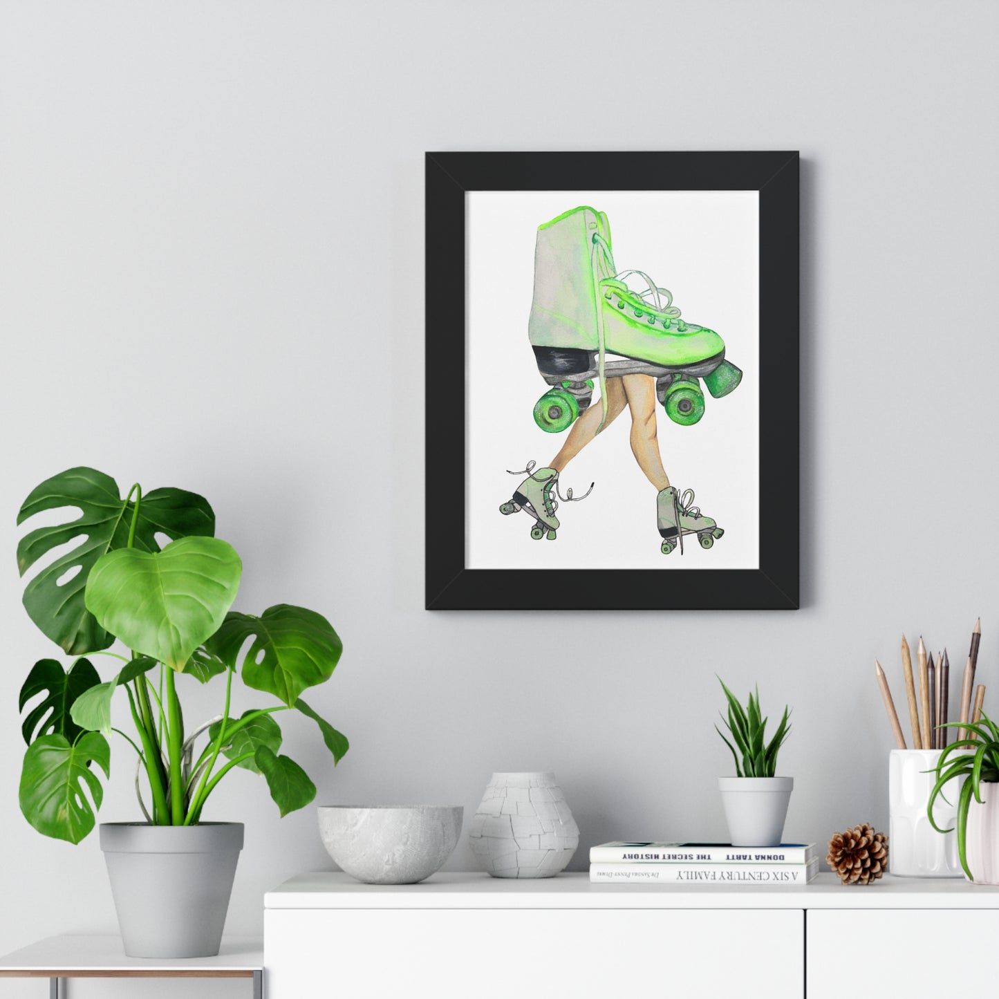 Roller Skate Art Print — Neon Green Roller Skates Framed Print