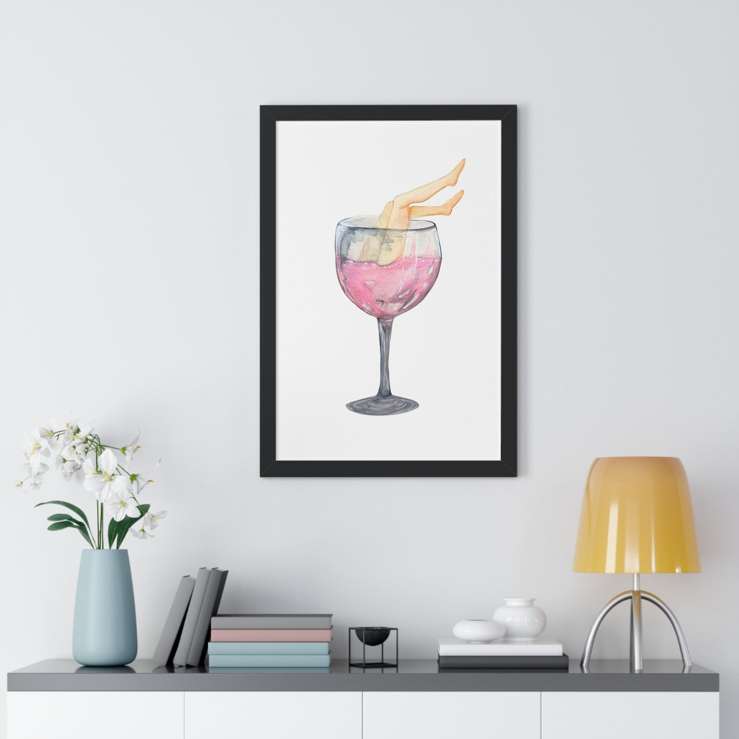 Wine Glass Art Print — Watercolor Cocktail with Legs Framed Print