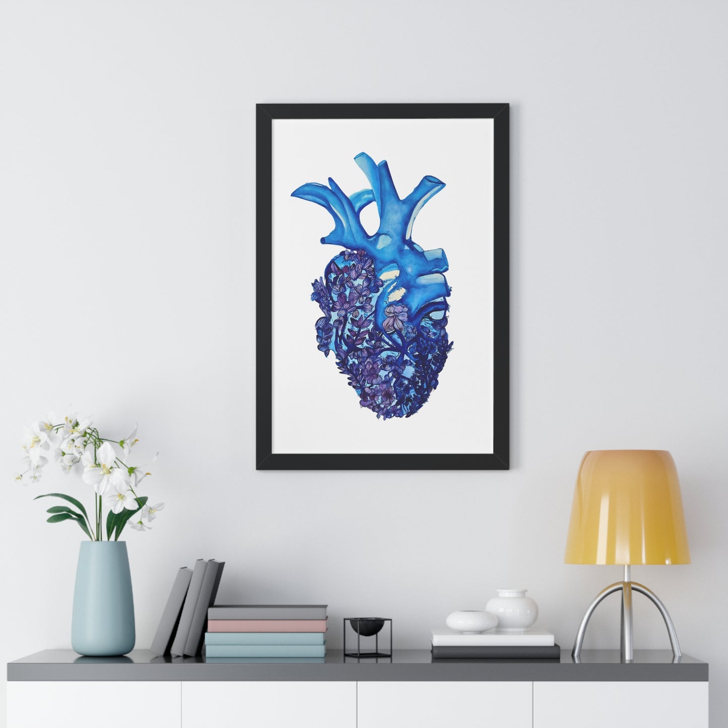 Blue Floral Bluebonnet Anatomical Heart Framed — Botanical Heart Art Print "Deep in The Heart"
