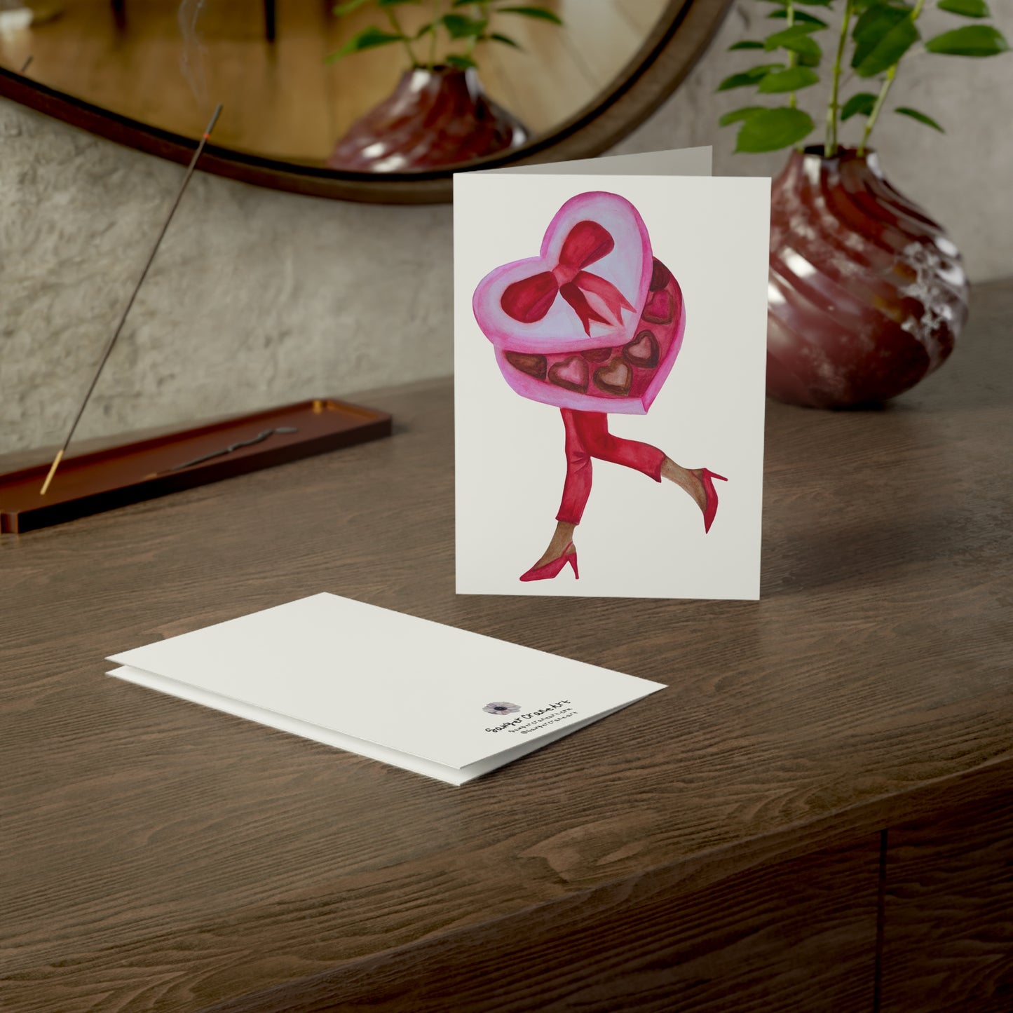Heart Chocolate Box Greeting Card — Romantic Heart & Heels Note Card (Single or Bulk Packs)