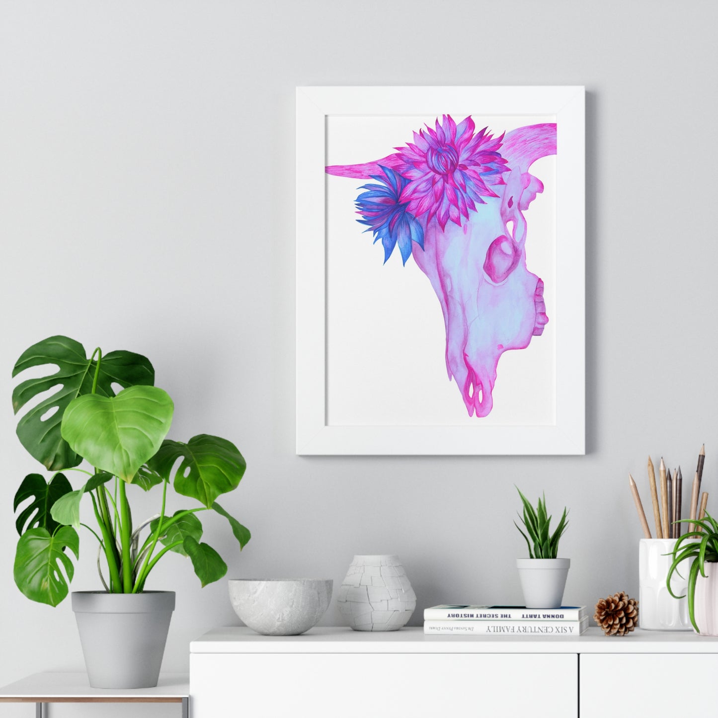 Floral Skull Framed Print  — Pink & Turquoise Cow Skull Wall Art