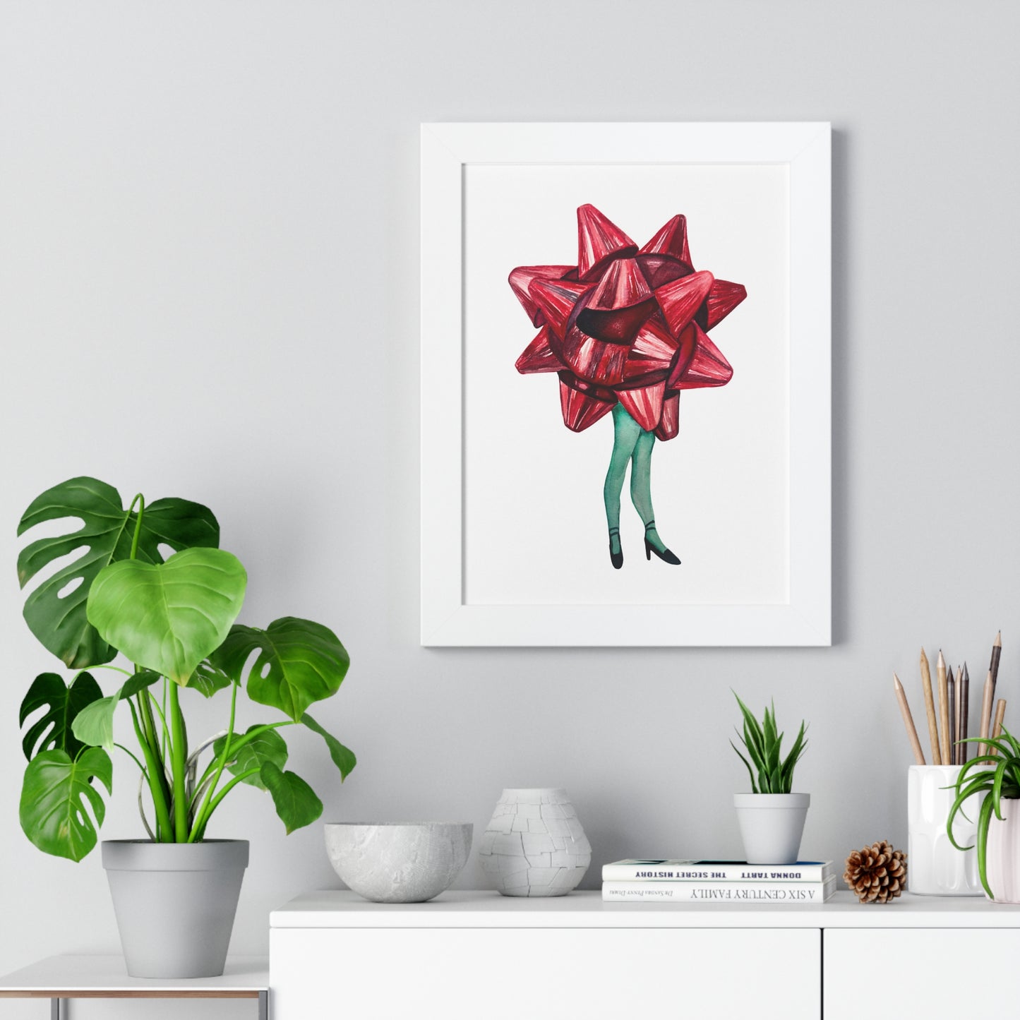 Gift Bow Christmas Woman Framed Print — Quirky Feminine Art Print for Home & Holiday Décor