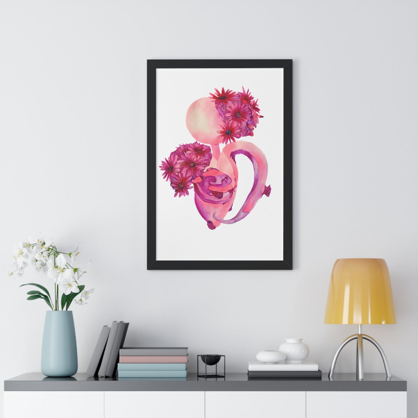 Framed Pink Floral Anatomical Uterus Female Feminist Art Print
