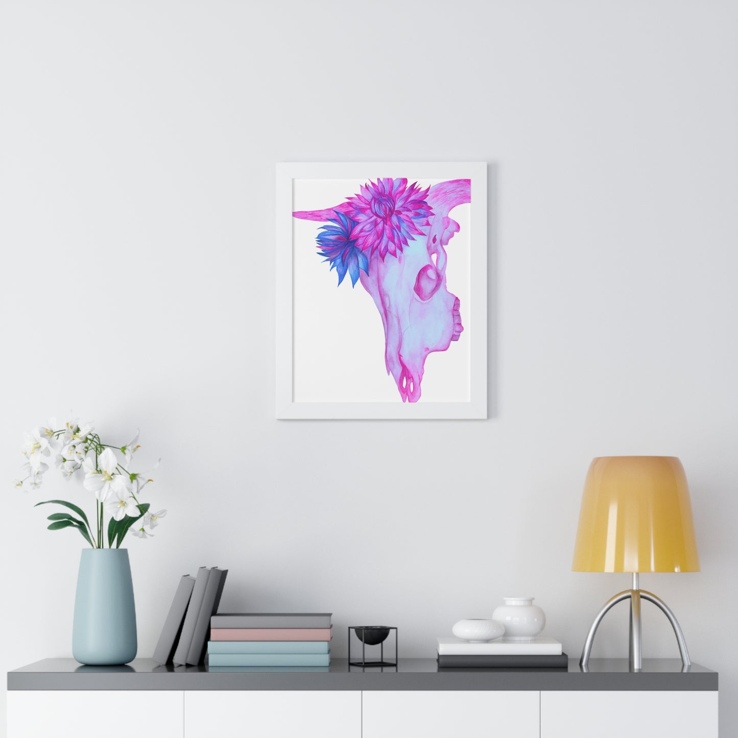 Floral Skull Framed Print  — Pink & Turquoise Cow Skull Wall Art