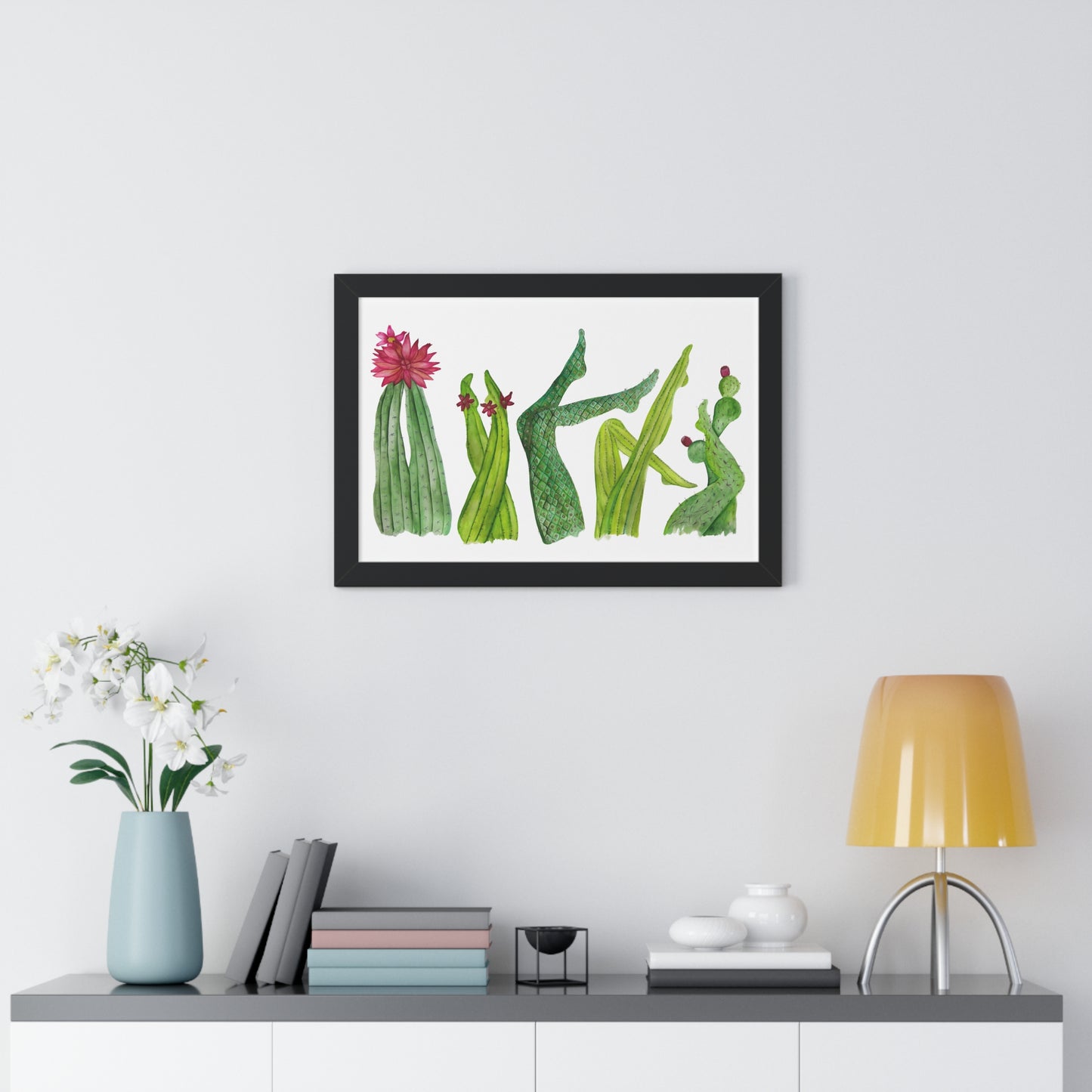 Cactus Legs Watercolor Framed Print — Botanical Horizontal Wall Art