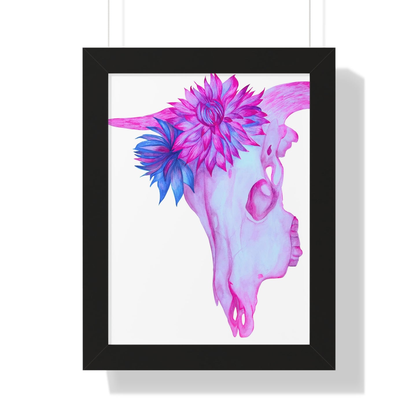 Floral Skull Framed Print  — Pink & Turquoise Cow Skull Wall Art