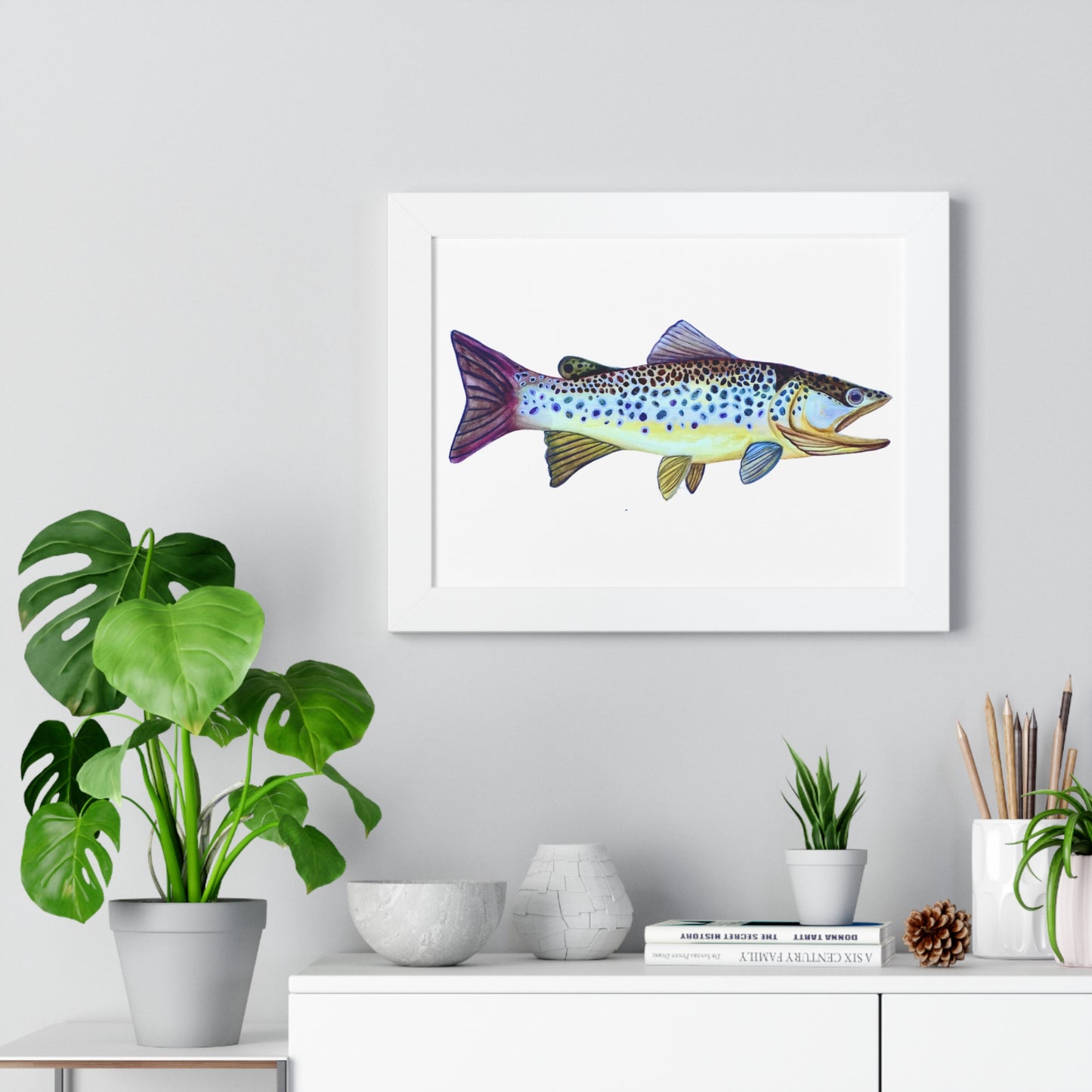 Framed Fish Art Print — Colorful Trout Horizontal Poster for Cabin, Lake House, or Nursery
