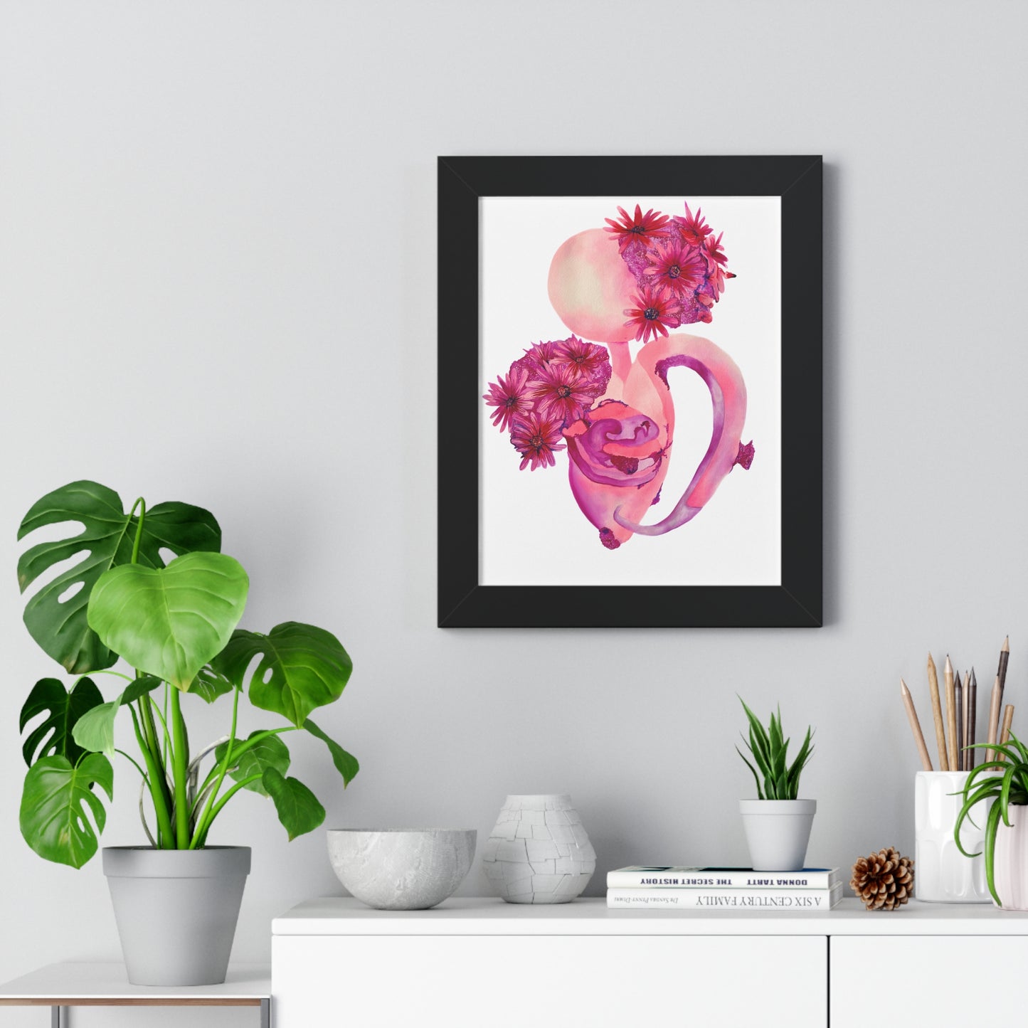 Framed Pink Floral Anatomical Uterus Female Feminist Art Print