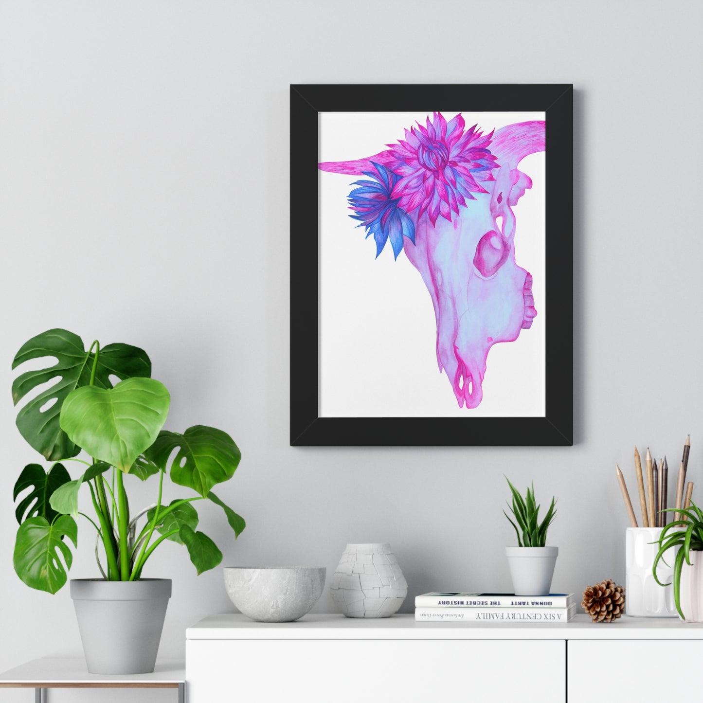 Floral Skull Framed Print  — Pink & Turquoise Cow Skull Wall Art