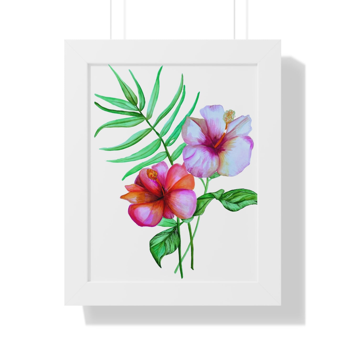 Tropical Hibiscus Framed Print — Watercolor Floral Vertical Wall Art