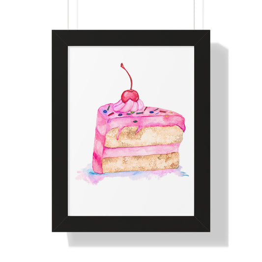 Pink Cherry Cake Watercolor Print — Framed Art Print