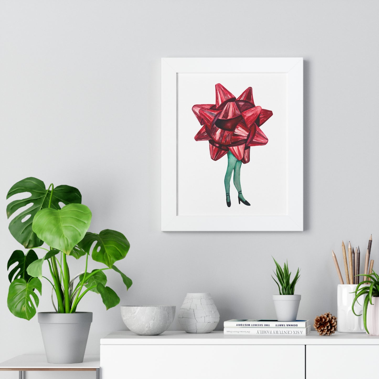 Gift Bow Christmas Woman Framed Print — Quirky Feminine Art Print for Home & Holiday Décor