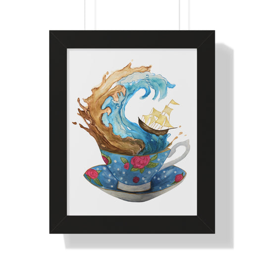 Whimsical Teacup Wave Framed Art Print, Swiftie Sailboat Tea Art Print A Storm Inside A Teacup