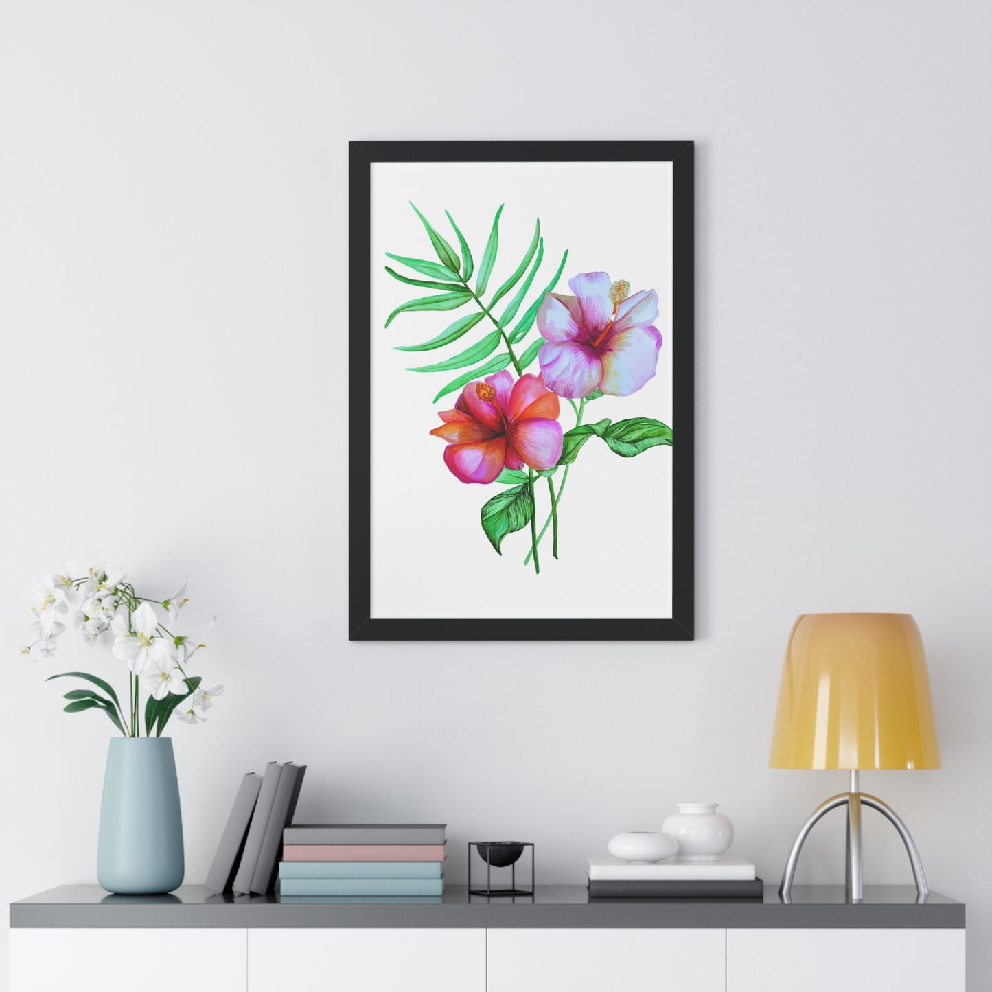 Tropical Hibiscus Framed Print — Watercolor Floral Vertical Wall Art