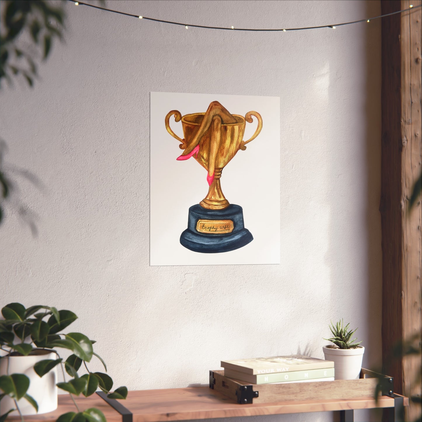 Trophy Wife Golden Trophy with Pink Shoes Illustration Print