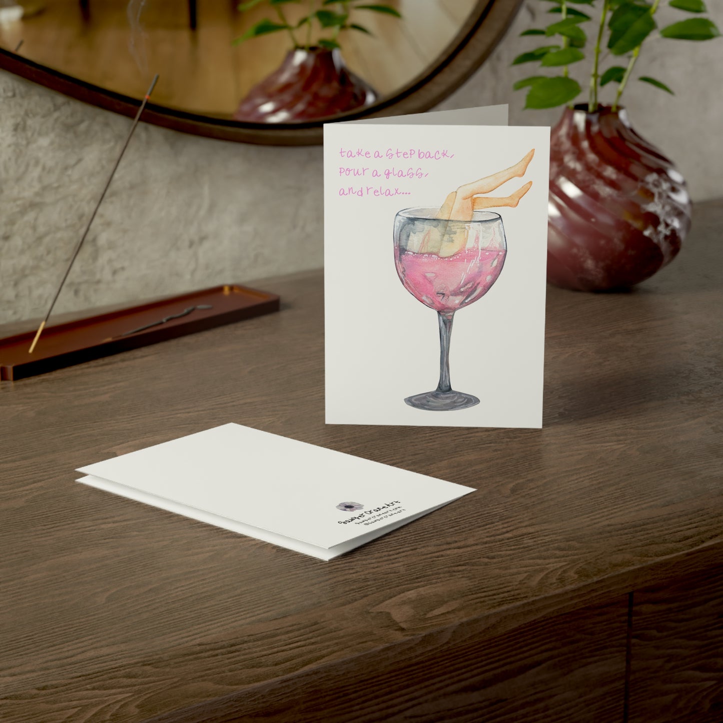 Funny Feminist Wine Glass Greeting Cards — Relax Cute Girly Designs (Pack of 1, 10, 30, 50)