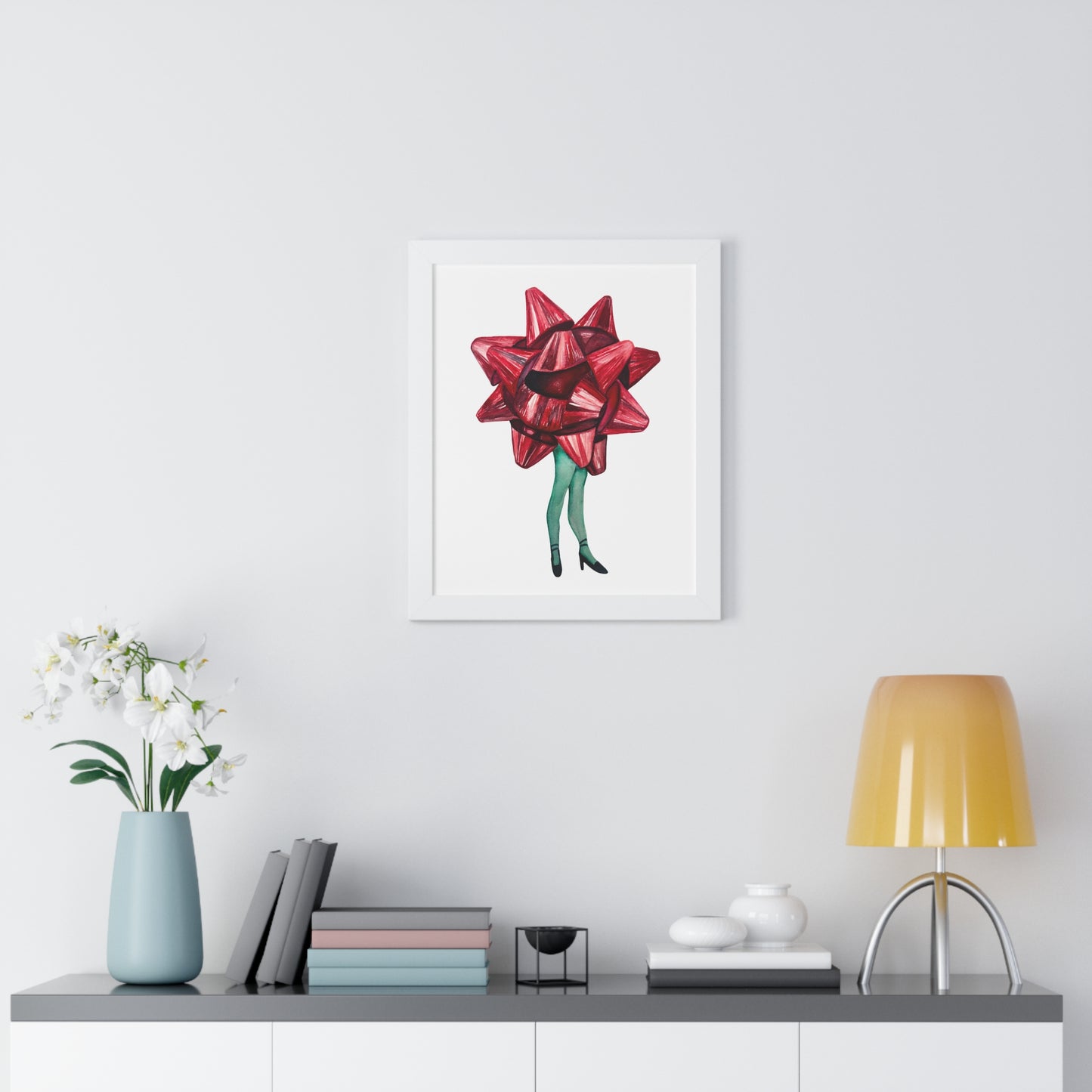 Gift Bow Christmas Woman Framed Print — Quirky Feminine Art Print for Home & Holiday Décor