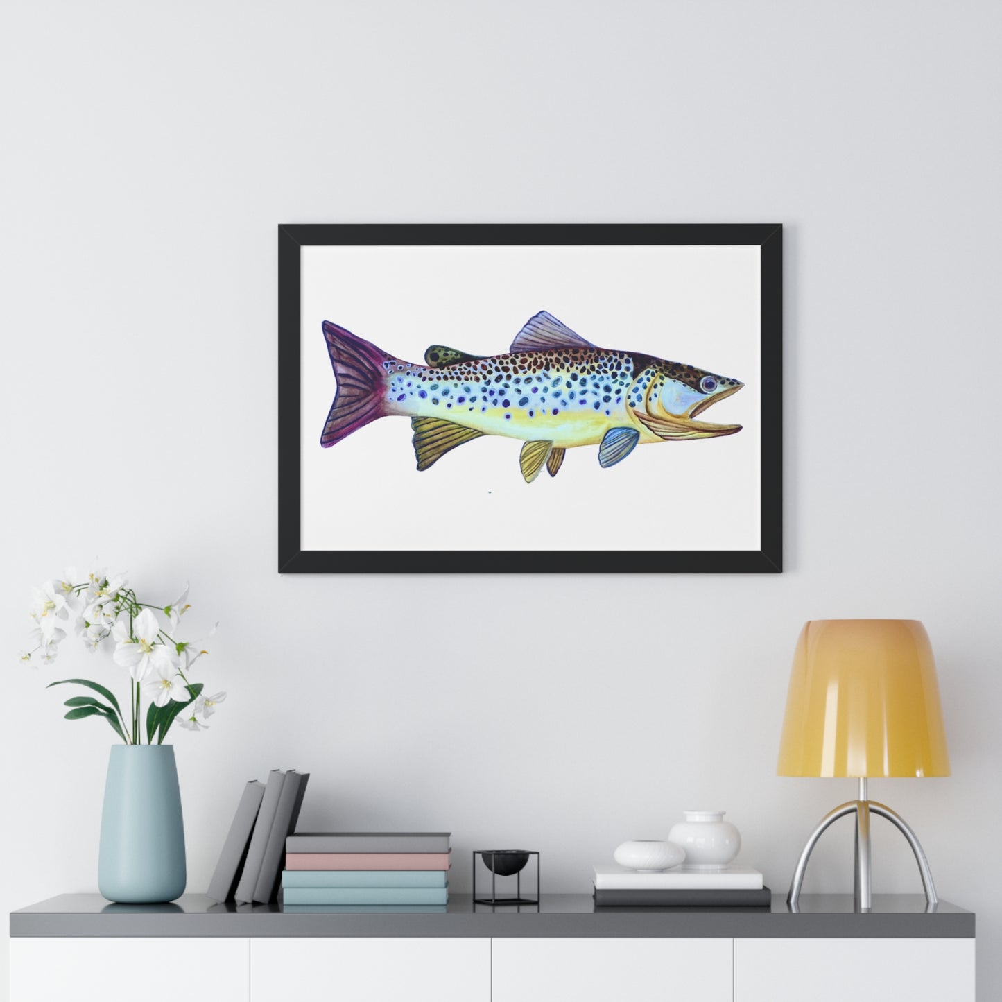 Framed Fish Art Print — Colorful Trout Horizontal Poster for Cabin, Lake House, or Nursery