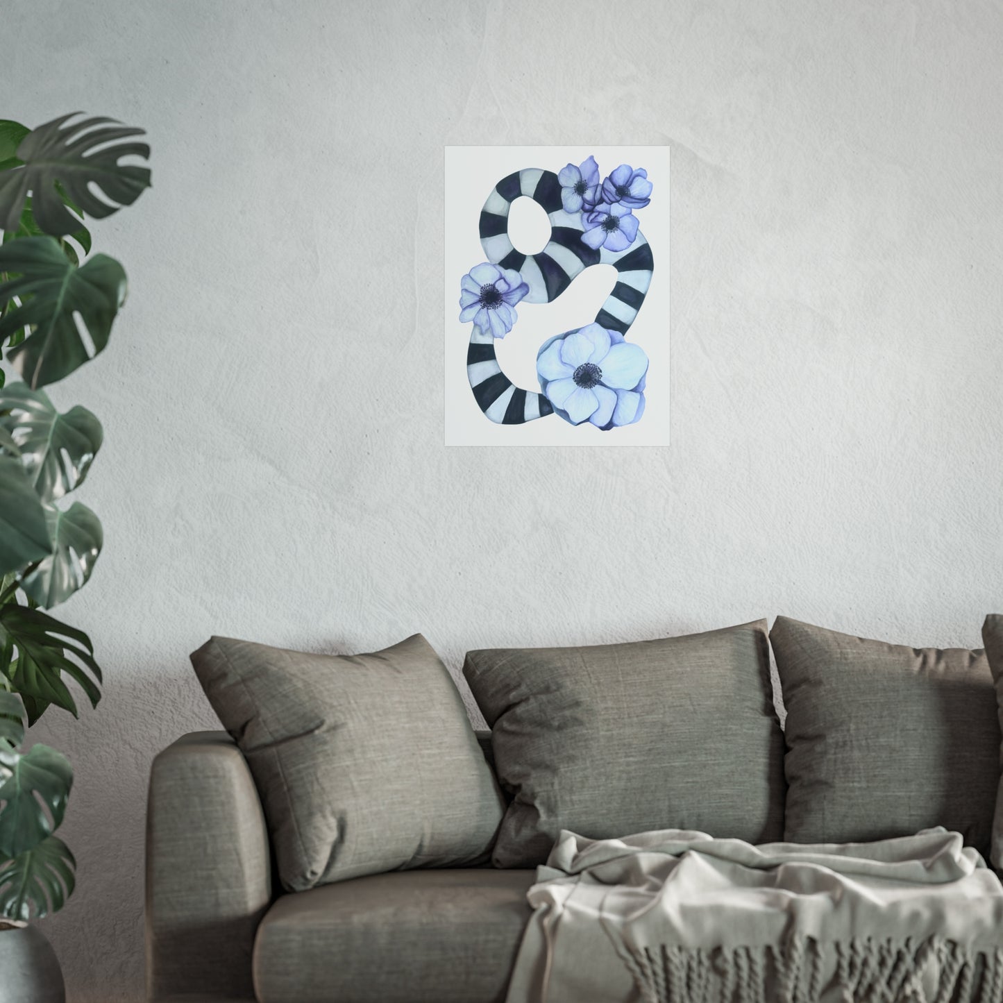 Giclée Art Print — Striped Abstract with Anemones (Botanical Wall Art)