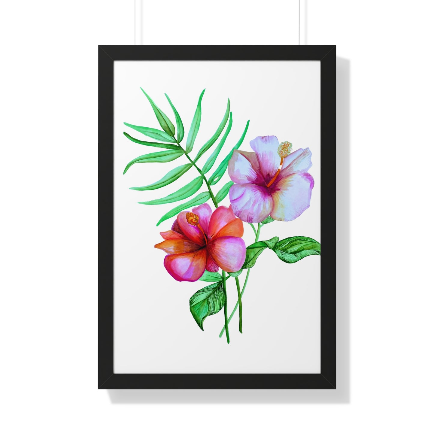 Tropical Hibiscus Framed Print — Watercolor Floral Vertical Wall Art