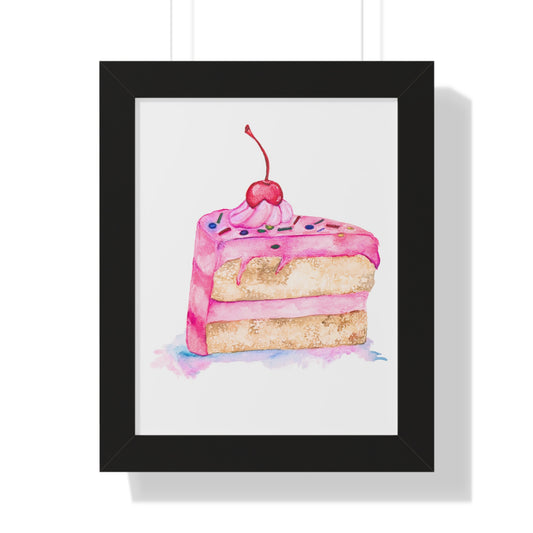Pink Cherry Cake Watercolor Print — Framed Art Print