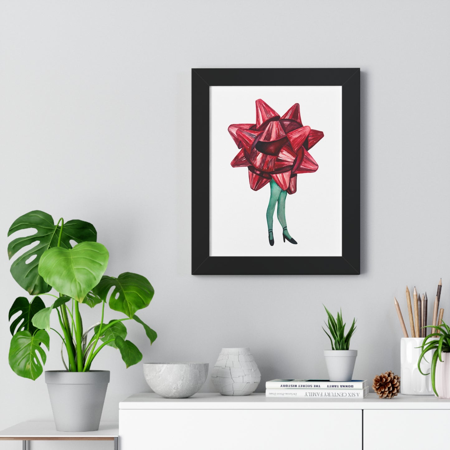 Gift Bow Christmas Woman Framed Print — Quirky Feminine Art Print for Home & Holiday Décor