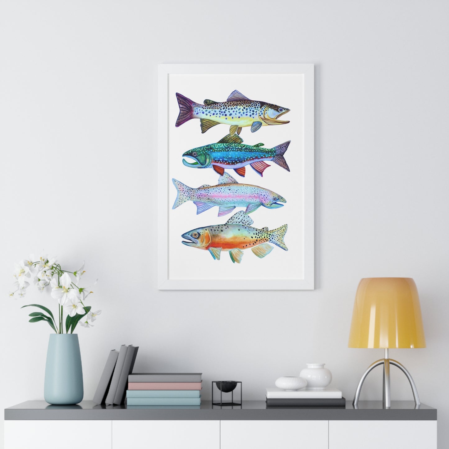 Colorful Trout Fish Watercolor Print Framed