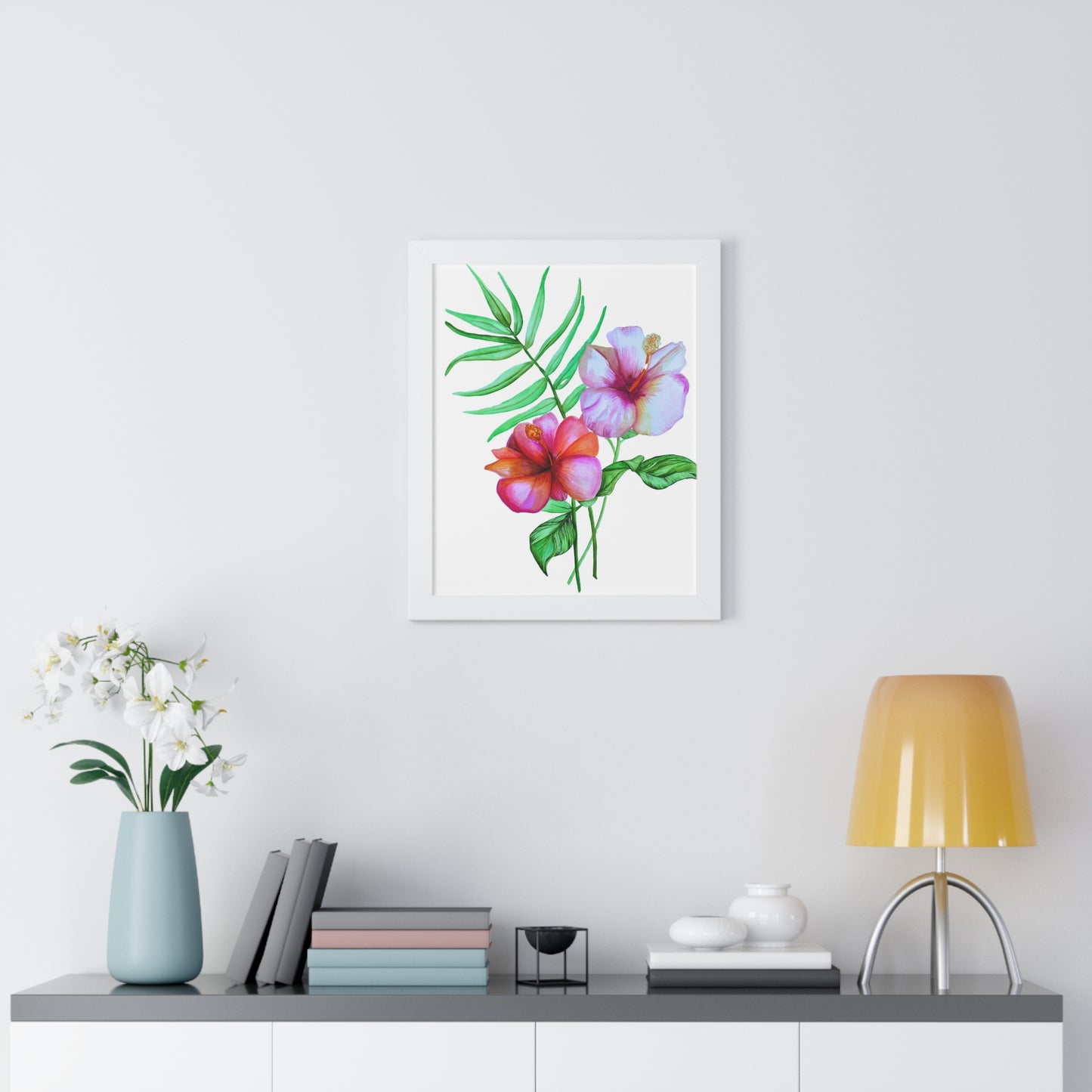 Tropical Hibiscus Framed Print — Watercolor Floral Vertical Wall Art