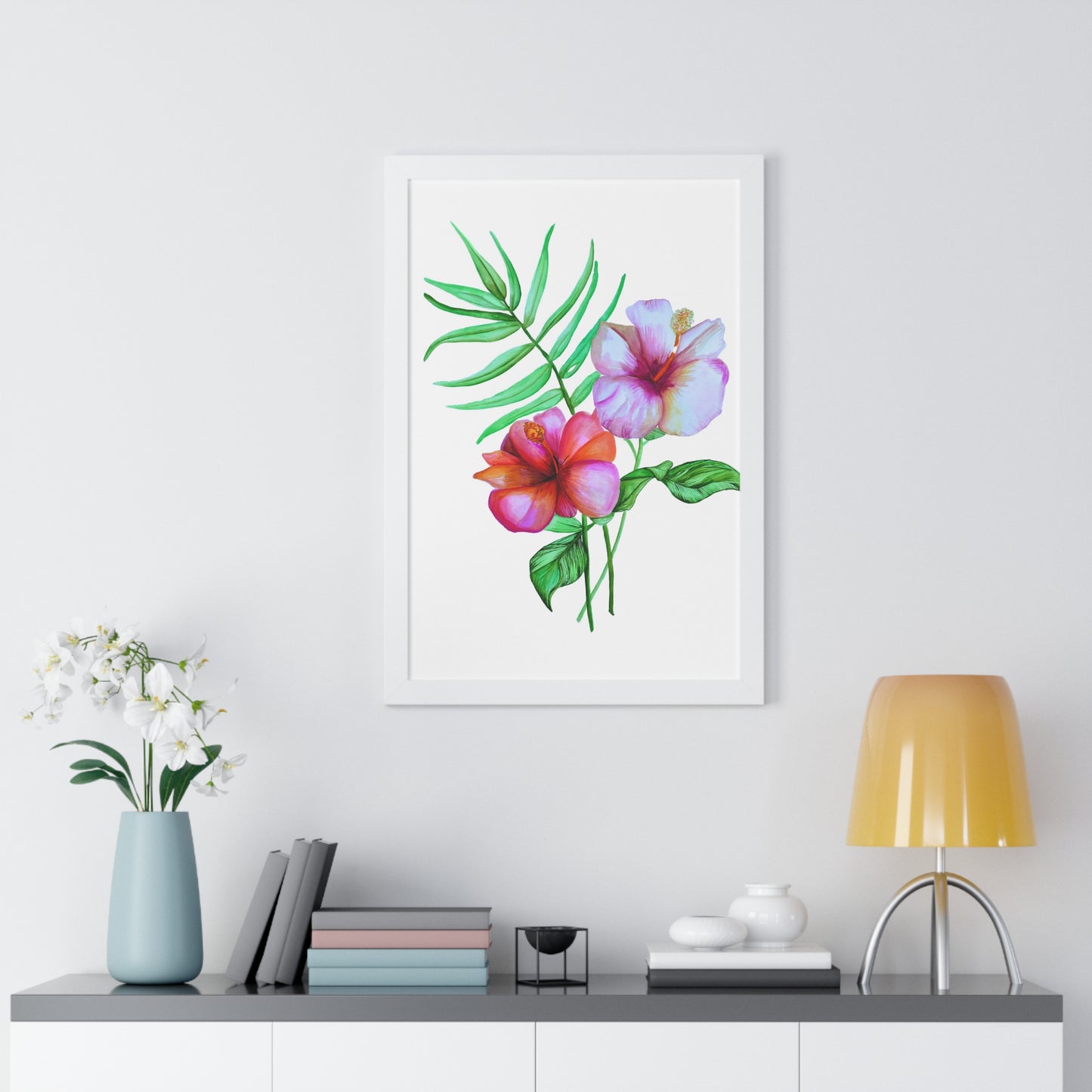 Tropical Hibiscus Framed Print — Watercolor Floral Vertical Wall Art