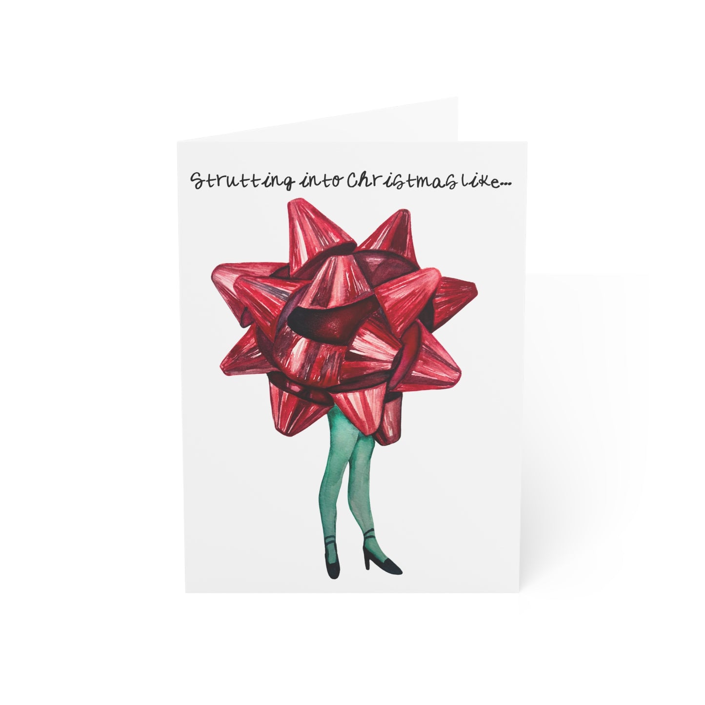 Greeting Card — "Strutting into Christmas Like" Red Bow Fashion Illustration (Holiday Note Cards, Singles & Packs)