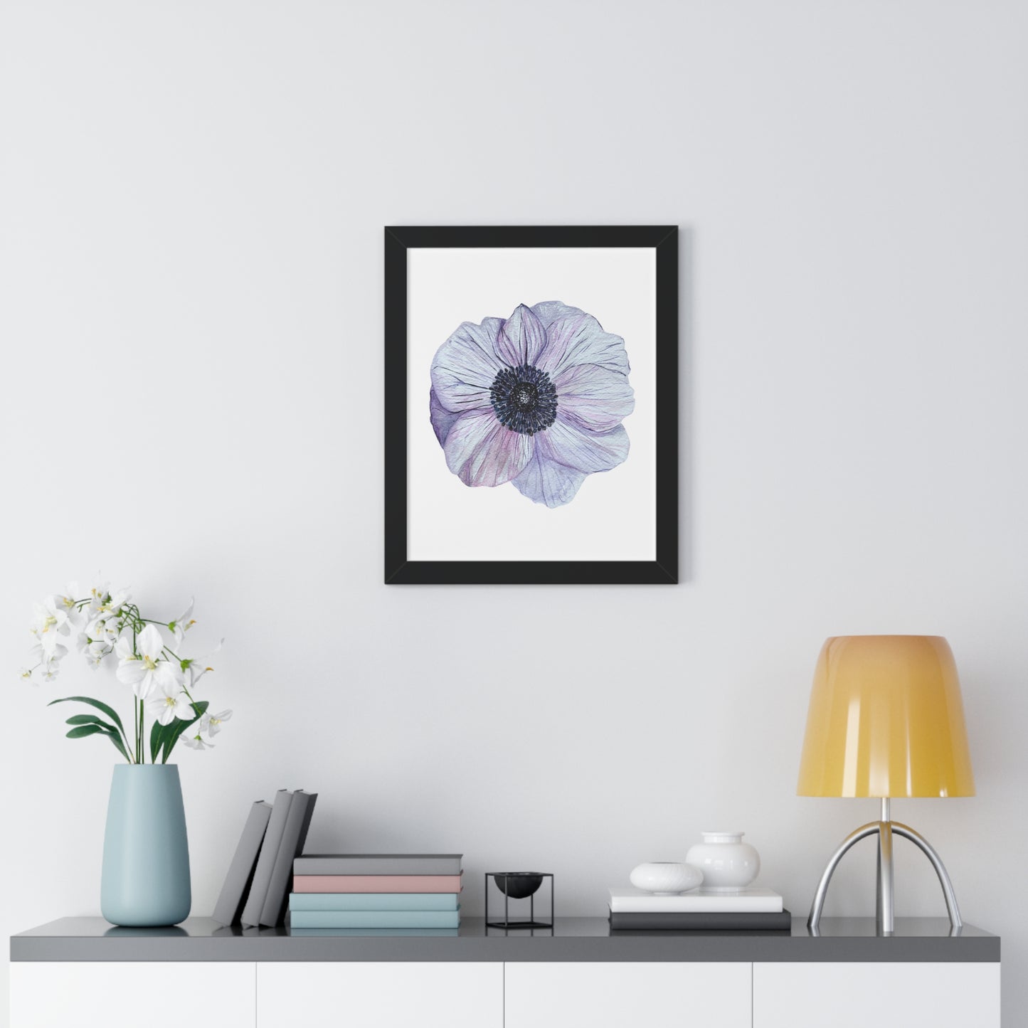 Framed Floral  Print — White Lavender Anemone Wall Art