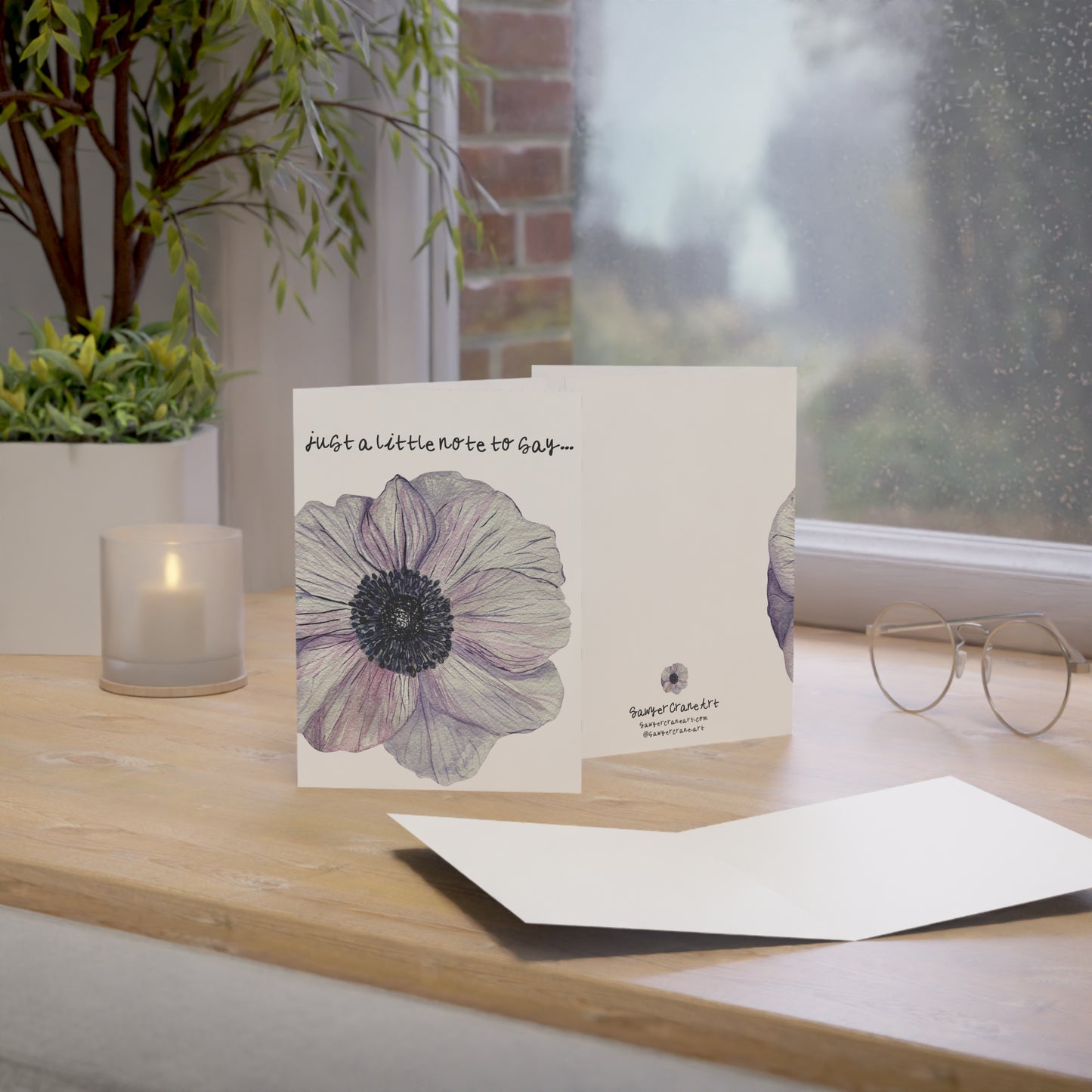 Just Because Anemone Wildflower Greeting Card Handpainted Watercolor
