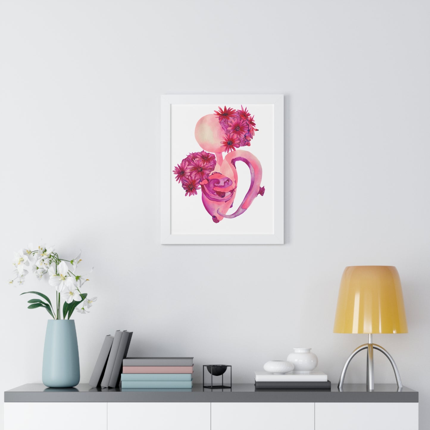 Framed Pink Floral Anatomical Uterus Female Feminist Art Print