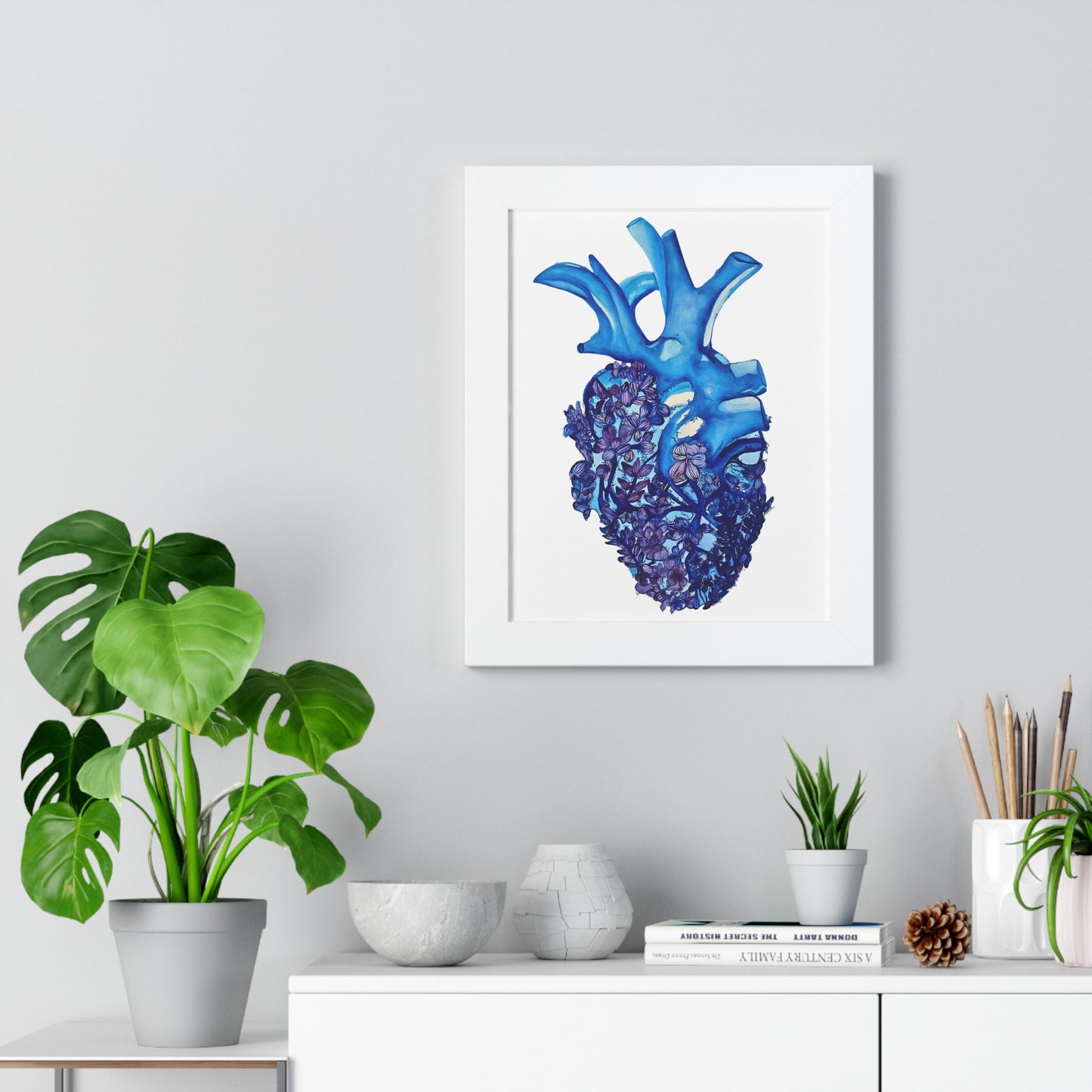 Blue Floral Bluebonnet Anatomical Heart Framed — Botanical Heart Art Print "Deep in The Heart"