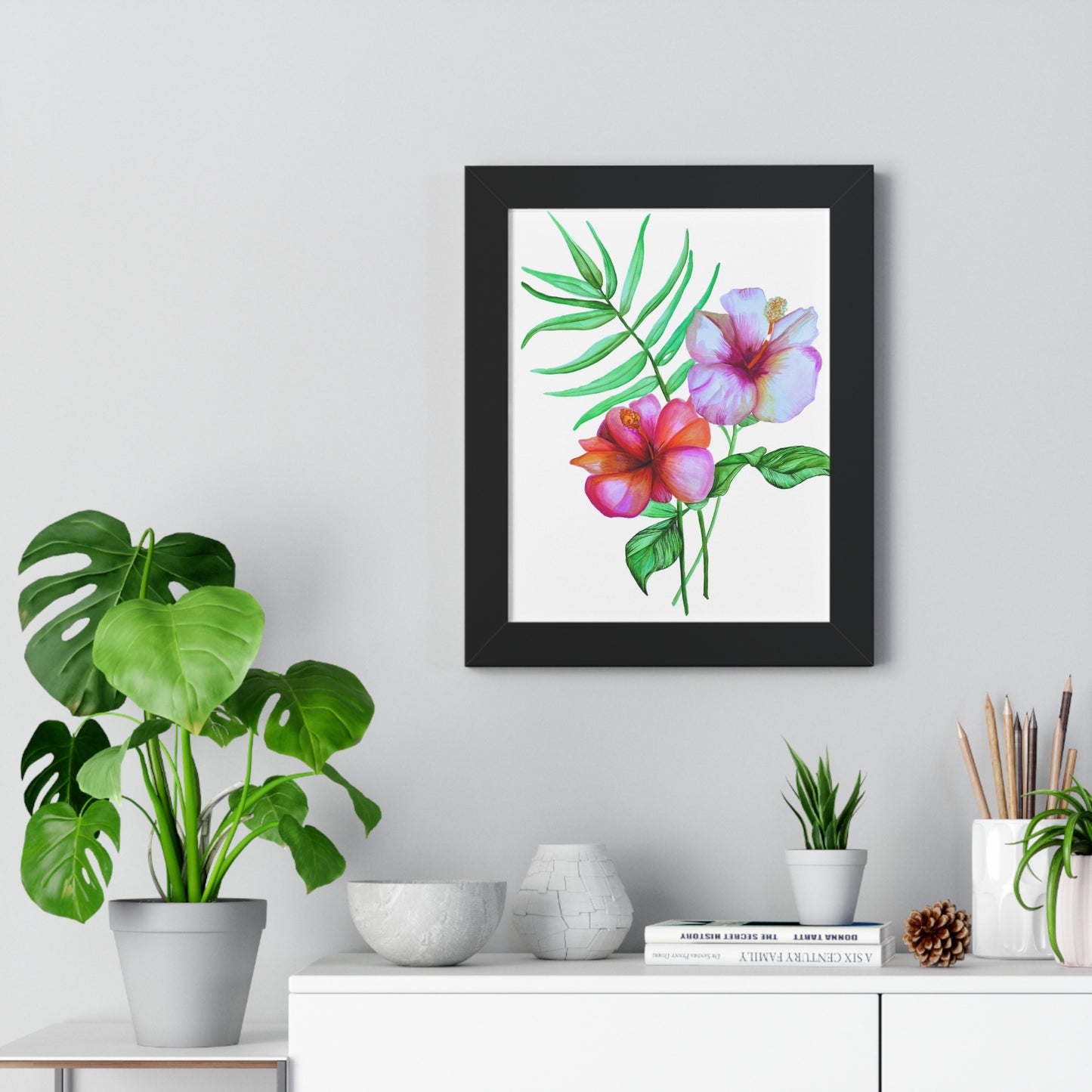 Tropical Hibiscus Framed Print — Watercolor Floral Vertical Wall Art
