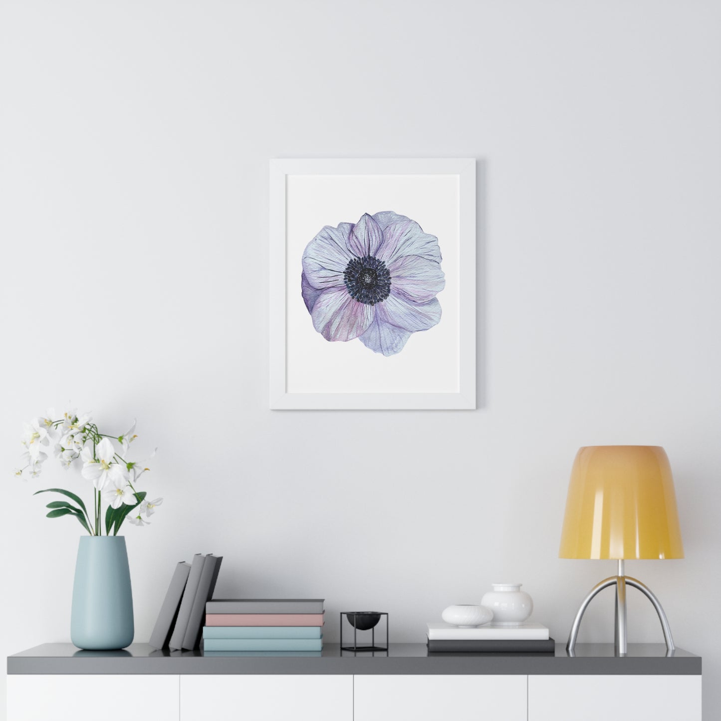 Framed Floral  Print — White Lavender Anemone Wall Art