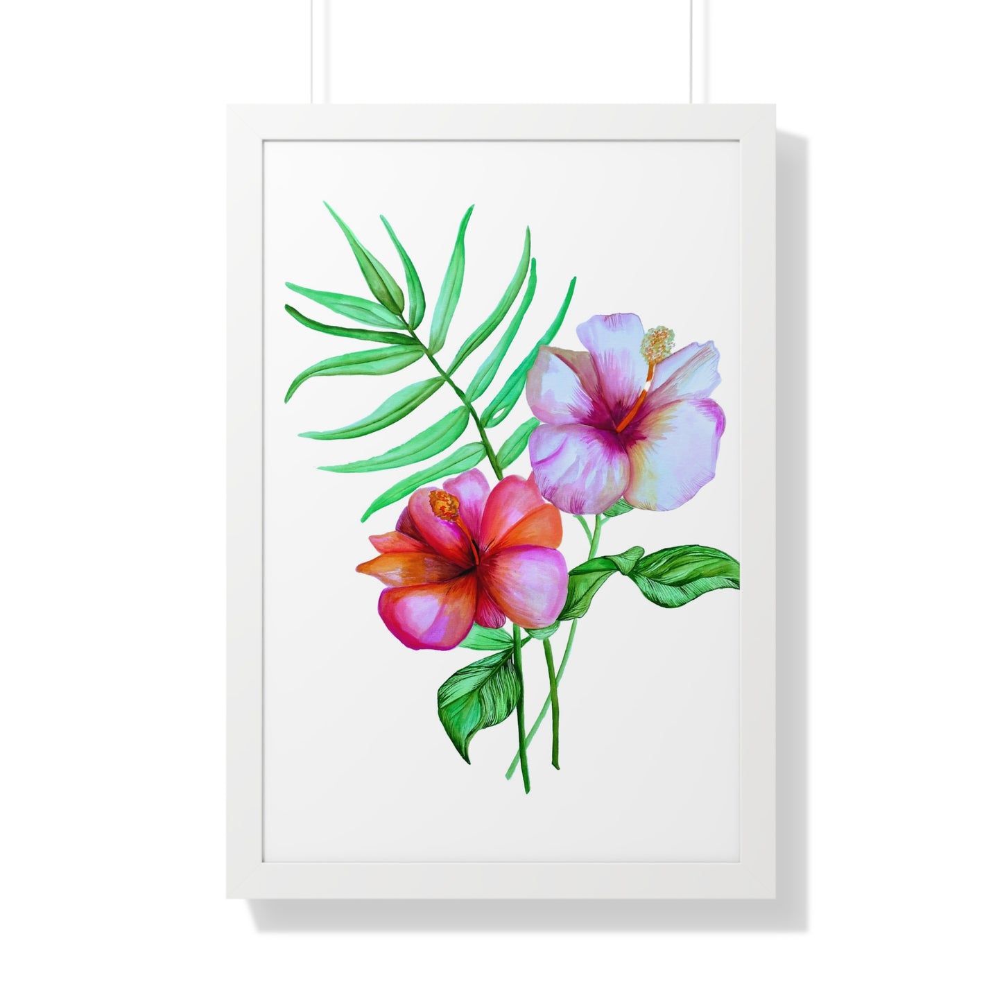 Tropical Hibiscus Framed Print — Watercolor Floral Vertical Wall Art