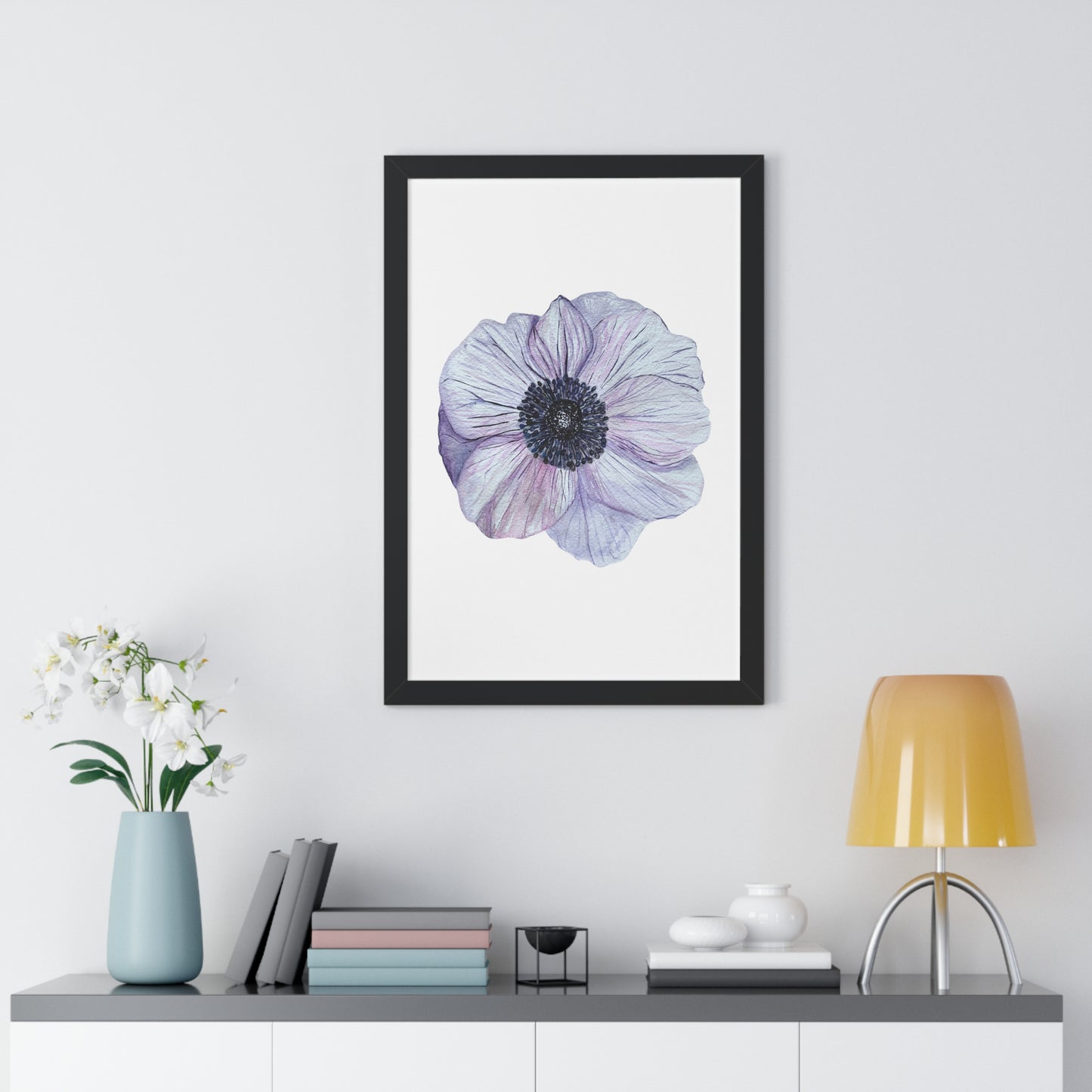 Framed Floral  Print — White Lavender Anemone Wall Art