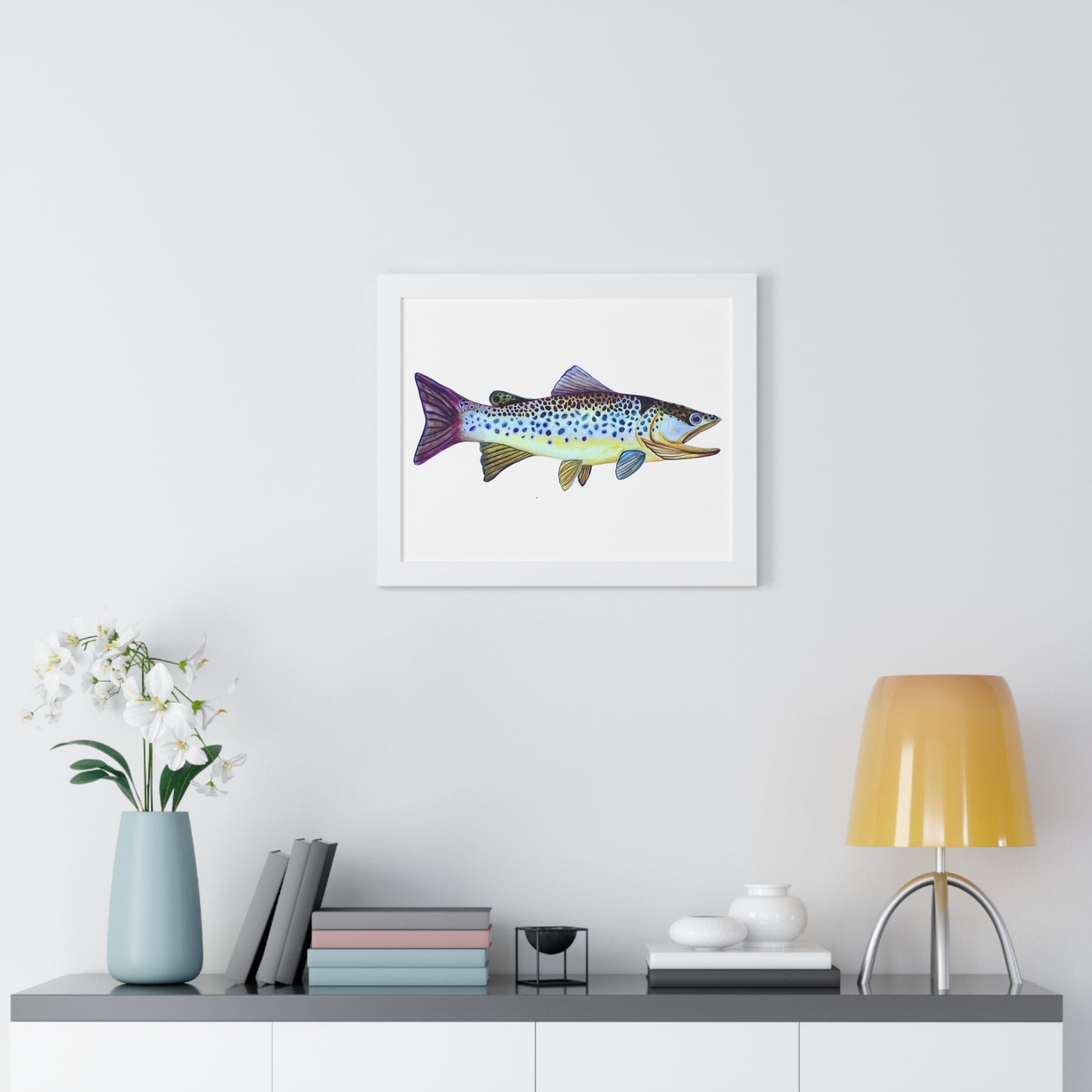 Framed Fish Art Print — Colorful Trout Horizontal Poster for Cabin, Lake House, or Nursery